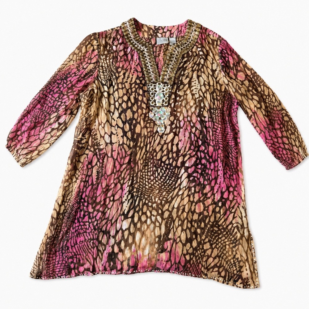 Chicos 100% Silk Beaded Animal Print Tunic Top Pink Brown Size 2 Large Crystal